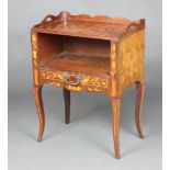 A 19th Century Dutch inlaid parquetry bedside cabinet with 3/4 gallery and recess above drawer,