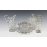 A 19th Century cut glass ewer raised on a circular base 18cm h, a ditto circular jar and cover 18cm,