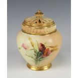 A Victorian Royal Worcester bulbous shaped pot pourri decorated poppies and ears of corn, the base