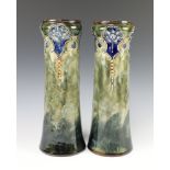 A pair of Royal Doulton blue and green salt glazed vases of waisted form, impressed Royal Doulton