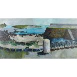 Pond, impressionist oil on board, harbour scene with lobster pots, reverse marked Lilac House