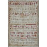 A Victorian stitch work sampler Mary Hale with alphabet, numbers and motto "Our Saviour last words