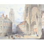 19th Century watercolour, unsigned, Continental street scene with figures before a cathedral 44cm by