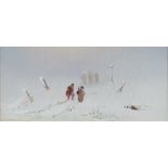 A 19th Century oil on card, unsigned, study of figures walking in snowy landscape 9cm x 21cm