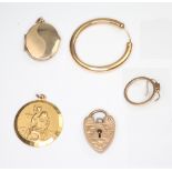 A yellow metal 9ct St Christopher pendant, 1 other pendant, 2 earrings, a padlock clasp and a hoop