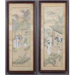 Early 20th Century Chinese watercolours on silk depicting figures before pavilions 69cm x 21cm