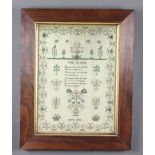 An early 19th Century sampler with verse by Mary Hain in a border of scrolling flowers, trees, birds