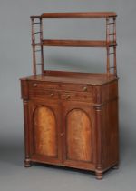 A Regency mahogany chiffonier, the raised back fitted 2 shelves, the base fitted a drawer with