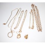 A 9ct yellow gold necklace 48cm, ditto 36cm, 2 bracelets 18cm, a necklace 17cm, pair of heart shaped