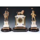 A Victorian French 3 piece clock garniture comprising mantel timepiece with visible escapement, gilt