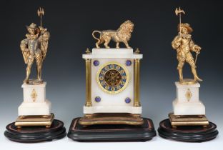 A Victorian French 3 piece clock garniture comprising mantel timepiece with visible escapement, gilt