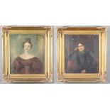 Victorian oils on canvas a pair, portrait of a young lady wearing a mourning brooch and a portrait