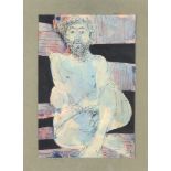 Ross Abrams (1920-2007) print, study of a semi-clad gentleman dated 1990 with label to the