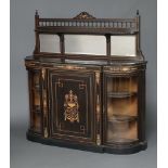 A Victorian ebonised and inlaid walnut D shaped credenza with raised mirrored back, fitted a