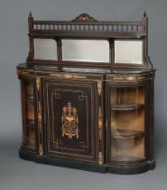 A Victorian ebonised and inlaid walnut D shaped credenza with raised mirrored back, fitted a