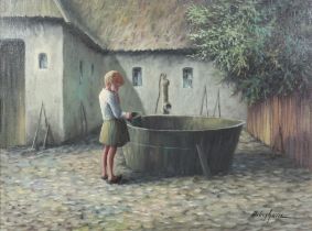 Arling Gade (1920-2011), oil on canvas signed, young girl beside a well 59cm x 79cm