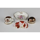 A Royal Crown Derby Imari pattern bug paperweight with silver stopper 5cm, a ditto of a piglet