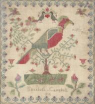 19th Century sampler by Elizabeth Campbell 1836, depicting a bird amongst trees in a formal floral