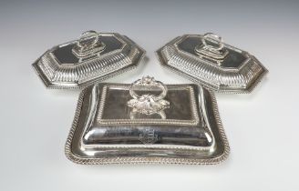 A Victorian silver plated entree with engraved armorial together with a pair of plated octagonal