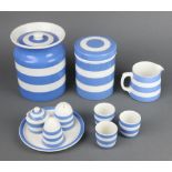 A quantity of T G Green & Company Cornishware, blue and white banded, comprising 6 storage jars,