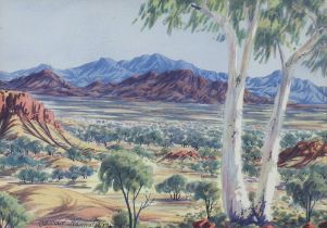 Oscar Namatjira (1922-1991), watercolour, extensive Australian landscape with distant hills 25cm x