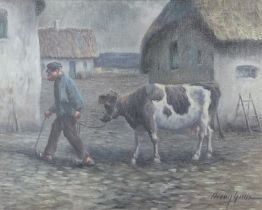 Arling Gade (1920-2011), oil on canvas signed, study of a farmer leading a cow 39cm x 48cm