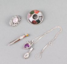 A Scottish sterling silver hardstone dirk brooch, 2 other brooches, a pendant, necklet and pendant