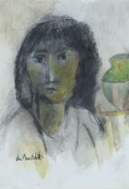 Albert Du Mesnildot (1922-1990) watercolour and crayon, portrait of a lady 20cm x 14cm