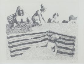 **Mick Rooney, born 1944, pencil drawing signed and dated '76, "Beach Windbreak" label on verso 28cm