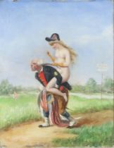 19th Century French oil on board unsigned, a naked lady riding on a Frenchman's back wearing his hat