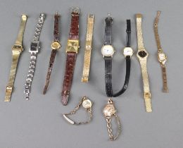 A lady's Art Deco 18ct yellow gold cased wristwatch on a gilt bracelet and other minor wristwatches