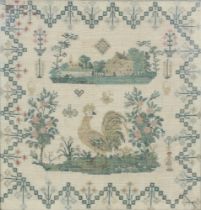 19th Century sampler depicting a cockerell and a country house in a formal floral border with