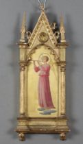 17th Century Italian oil on arched panel, angel blowing a horn standing on clouds, contained in a