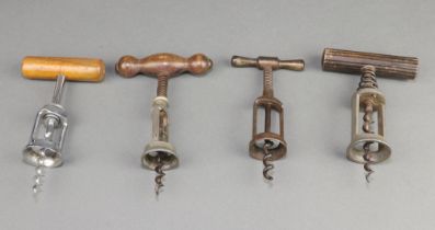 Three 19th Century sprung twin pillar corkscrews and 1 other twin pillar corkscrew marked D.R.G.M.