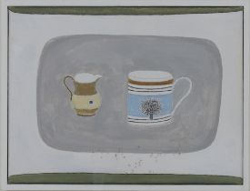 **Rachel Nicholson born 1934, acrylic on canvas, "Still Life with Two Green Stripes" 2014, inscribed