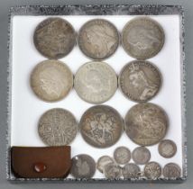 A Victorian silver crown 1889, 8 others and 9 minor coins, 260 grams