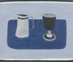 **Rachel Nicholson born 1934, acrylic on canvas "Black Glass and Grey Jug on Blue" 1979, inscribed