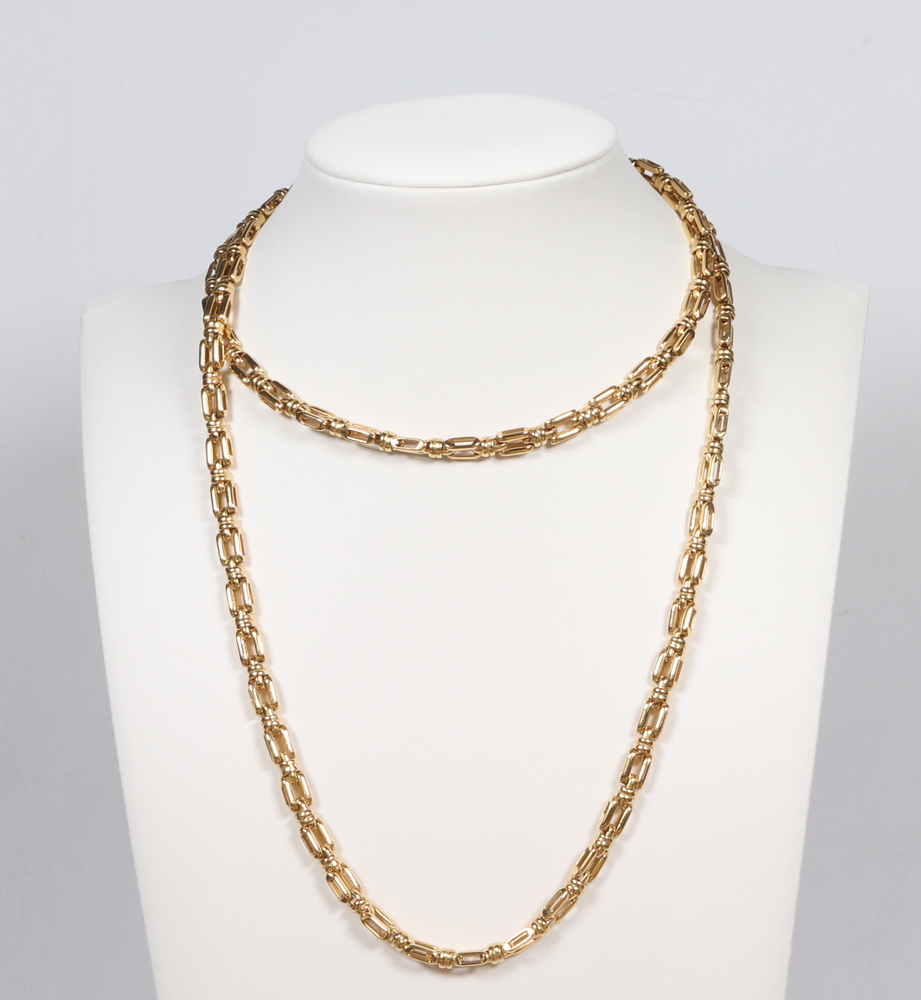 A yellow metal 750 fancy flat link necklace 68 grams, 74cm