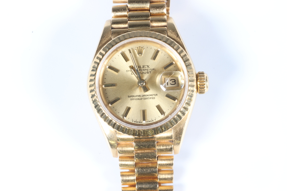 A lady's 18ct yellow gold Rolex Oyster Perpetual Datejust wristwatch on a 18ct yellow gold President - Image 2 of 8