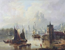 19th Century Continental oil on canvas view of a busy river scene with distant castle 42cm x 54cm