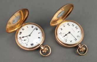 A gold plated half hunter mechanical pocket watch with seconds at 6 o'clock, a Waltham ditto Neither