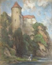 A 19th Century watercolour, indistinctly signed, Continental scene with castle and figure by a