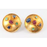 Theo Fennell, a pair of 18ct yellow gold etruscan style earrings set with rubies, emeralds and
