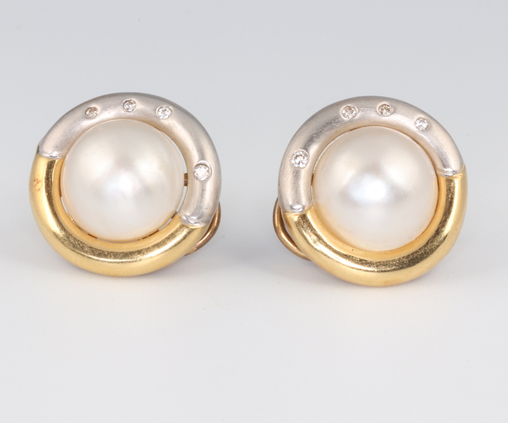 A pair of 2 colour yellow metal cultured pearl and diamond ear clips 15mm