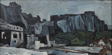 William George Denley-Hill (1906-1994), oil on board, atmospheric townscape with distant cliffs 60cm