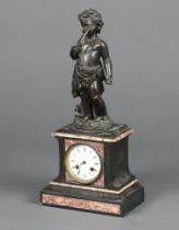A striking mantel clock the 8cm enamelled dial with Roman numerals contained in a black and purple