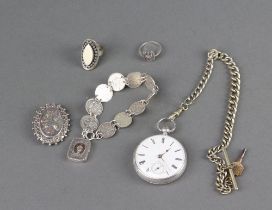 A Victorian silver keywind pocket watch London 1855 and minor silver jewellery