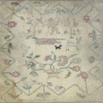 A 19th Century sampler with verse, angels, deer, birds, flowers in a border of formal scrolling