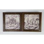 An 18th Century Delft tile decorated with figures before a temple 12cm x 12cm, ditto on a biblical