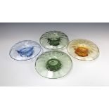 A set of 4 Whitefriars mushroom shaped bowls with flared rims, two sea green, two sapphire blue,